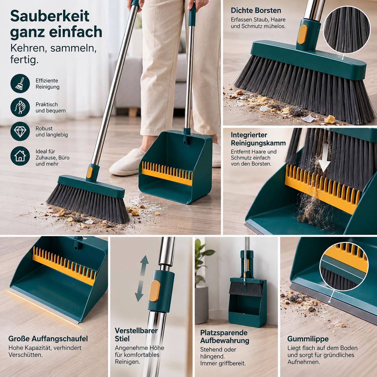 Besen- und Kehrschaufel-Set mit langem Stiel