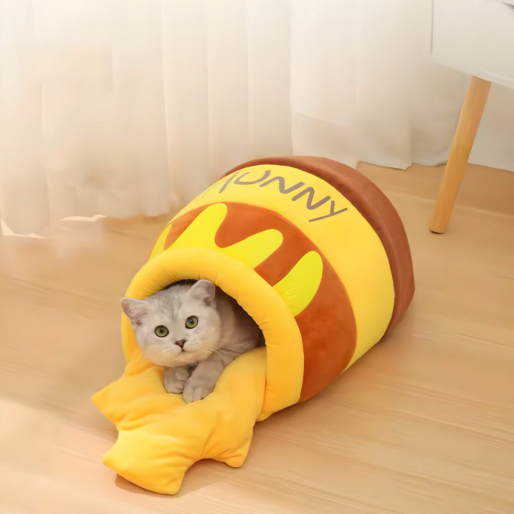 Kuscheliges Katzenbett im Honigtopf-Design